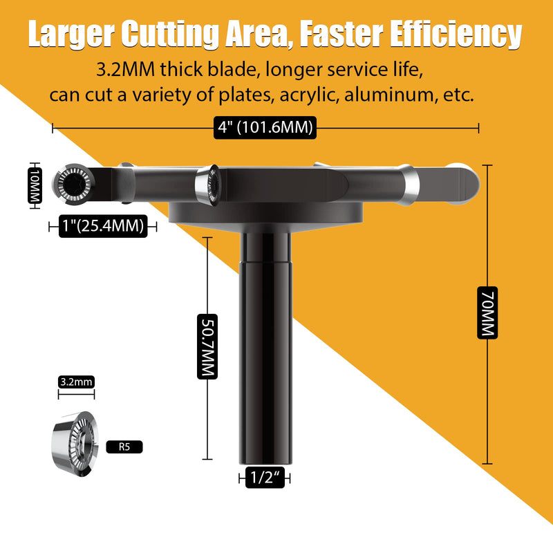 CNC Spoilboard Surfacing Router Bit, 6-Flute 1/2" Shank 4" Cutting Diameter, Carbide Insert Slab Flattening Router Bit Woodworking Tools Comes with 10PCS Blade 1/2" Shank-4" Dia.(R5 Round blade)