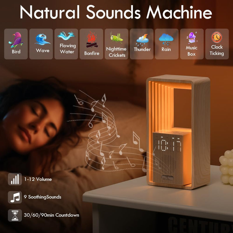 WILIT Digital Alarm Clock, Sunrise Alarm Clock with Nightlight, 9 Sleep Aid Sounds, White Noise Sounds Machine, Dimmable Display,USB Charging Port,Wood Grain Imitation,Gift for Women,Men,Travel Wood Grain