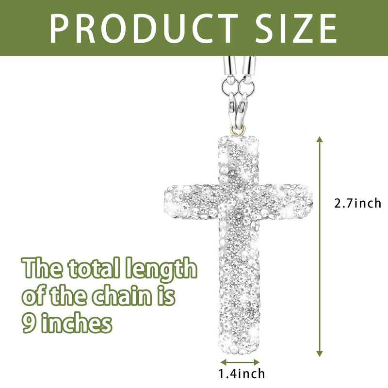 Bling Car Rear View Mirror Accessories Hanging Pendant,Cross Crystal Rhinestone For Car Mirror Hanging,Double-Sided Cross Diamond Religious,Interior Men Women Car Accessories Silver White