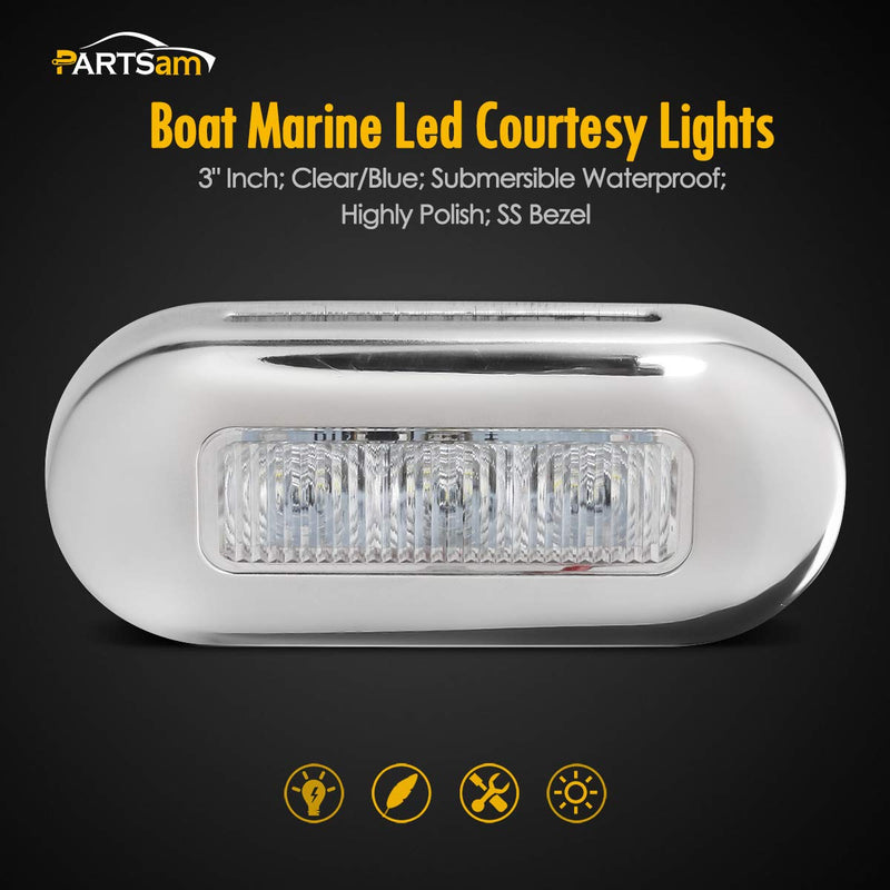 Partsam 4pcs 3" Blue LED Oblong Courtesy Light for Marine Deck Transom Stern, Yacht, Pontoon, Fishing Boat, Kayak, Sailboat - Sealed Cabin Lights, 12V, Clear Lens, Surface Mount