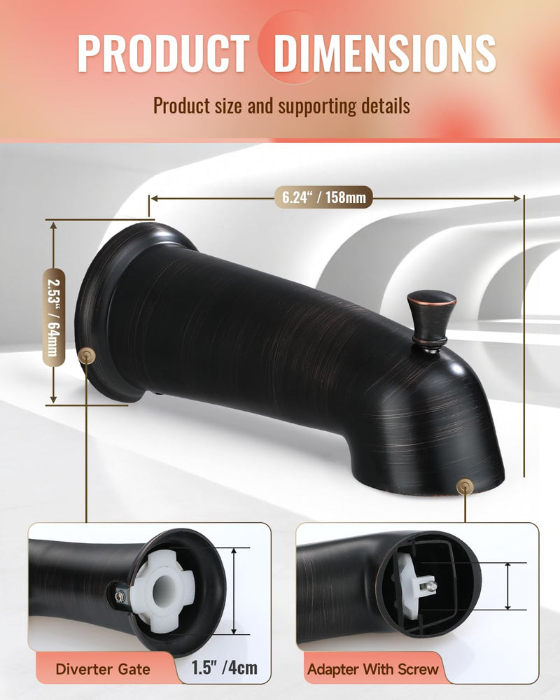 Slip On Bathtub Spout with Diverter, Extra Long 6 Inch Bathtub Spigot, Shower Spout with PTFE Tape & Hex Wrench, Fits for 1/2" IPS Threads,Oil Rubbed Bronze Oil Rubber Bronze