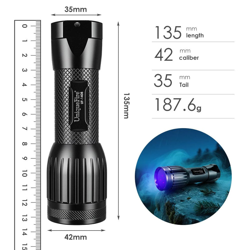 UniqueFire 1408 365nm Black Light UV Flashlight with 3 LEDs Professional UV Light,Powerful Blacklight Flashlight for Pet Urine Finding & Mineral, Antique Detection, Scorpion Search, etc Torch With T-C battery