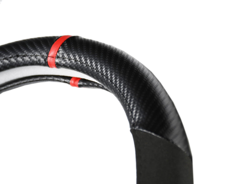 Carbon Fiber + Leather Steering Wheel Cover with Sporty Red Top Stripe, Non-Slip and Sweat Absorbent Universal fit All 14 ½ to 15 inches SW for Most Car SUV Pickup carbon pattern+black leather+ red circle