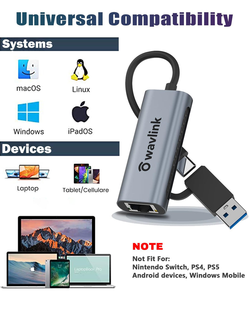 Wavlink USB C to Ethernet Adapter 2.5 Gbps, 2-in-1 USB to 2.5G Ethernet Adapter, USB-C to RJ45 Network Converter (Thunderbolt 4/3 Compatible), Aluminum Case for Windows, Mac OS, iPad OS and More. 330GCA