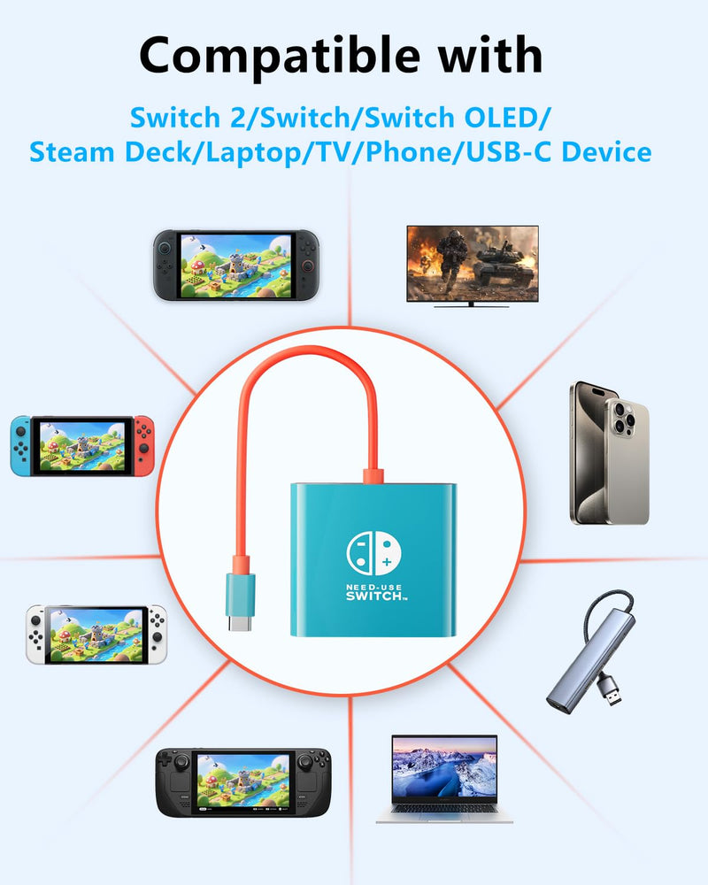 Docking Station for Switch 2, TV Dock with 4K/60Hz HDMI, 100W PD, USB 3.0 Port, TV Adapter, Travel Docking Station Compatible with Nintend0 Switch 2 / Switch/OLED/Steam Deck/Laptop/Phone Blue