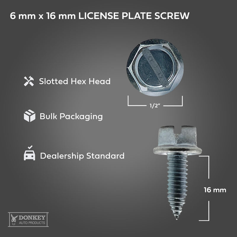 License Plate Screws - Slotted Hex Head - Metric - 6mm x 16mm - for Vehicles (100 per Pack)
