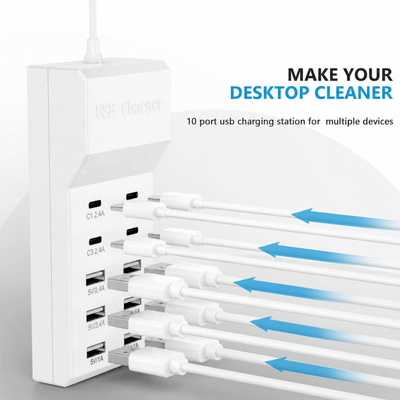 Multiple USB Charging Station for Multiple Devices USB Power Strip | 10 port USB charging block with 4 USB C and 6 USB A charging ports,USB Charging Hub for home office use White