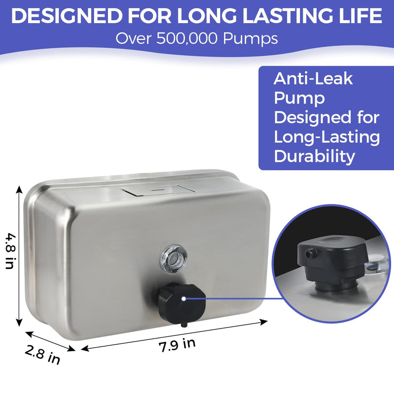 Heavy Duty Stainless Steel Wall Mount Soap Dispenser, 1100ml/37oz, with Corrosion Proof Lining and Anti-Leak Pump for Commercial & Home Bathroom Kitchen (Horizontal) Horizontal
