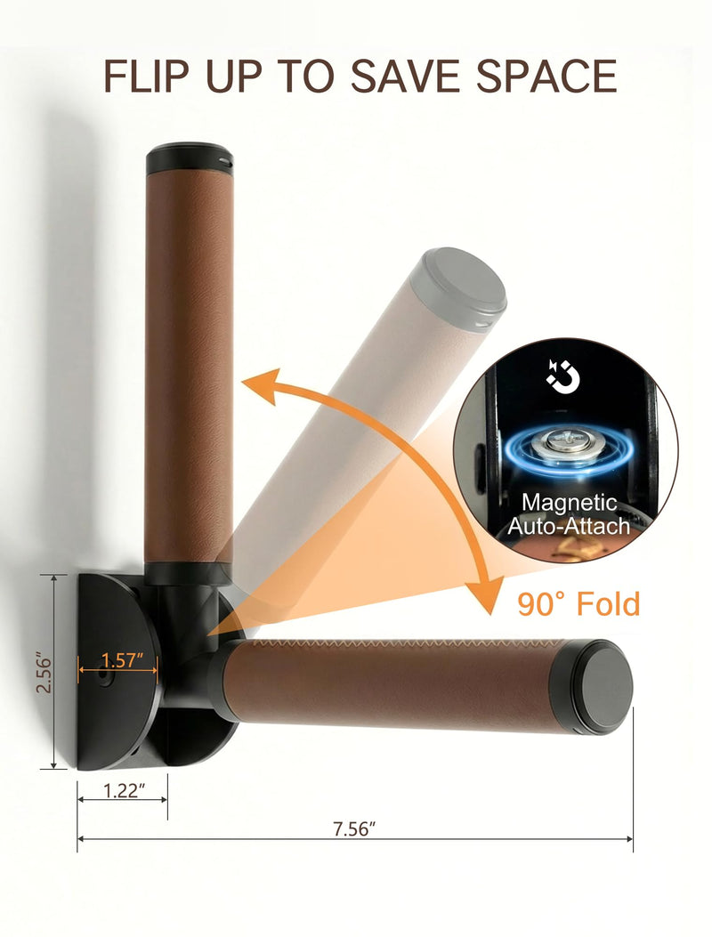 Flip Up Grab Bar for Doorway & Bathroom, Magnetic Folding Safety Handrail for Seniors, 300lbs Wall Mount Assist Handle with Reflective Sticker & Non-Slip Leather Grip, Brown