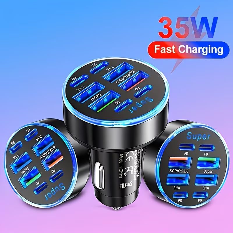 8-in-1 Phone Charger QC3.0 Fast Charge, Dual PD USB Outputs, Compact Portable for Home and Car Use, Black