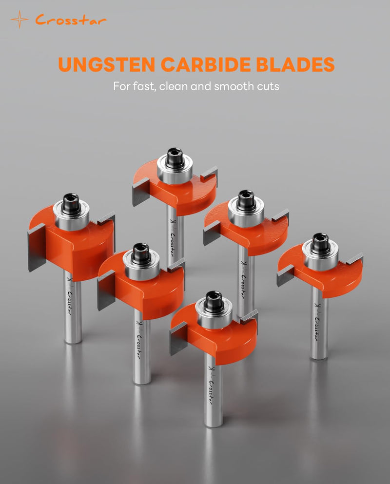 Crosstar 6Pcs Rabbeting Router Bit Set with 6 Bearings - 1/4" Shank Carbide Tipped Bits for Woodworking - Includes 1/4", 5/16", 3/8", 1/2", 3/16", 5/8" Height Cutters & 6 Sizes Bearings