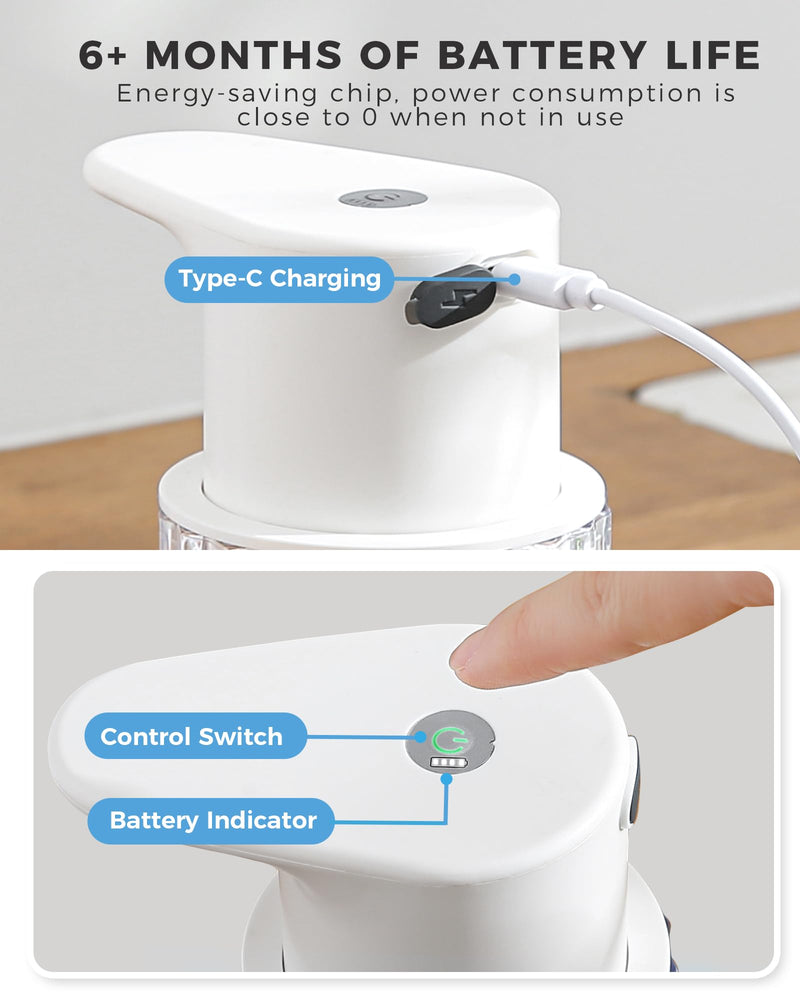 Automatic Foaming Soap Dispenser Touchless, 10oz/300ml Rechargeable, 3 Adjustable Foam Levels, IPX7 Waterproof, for Kitchen Bathroom, White