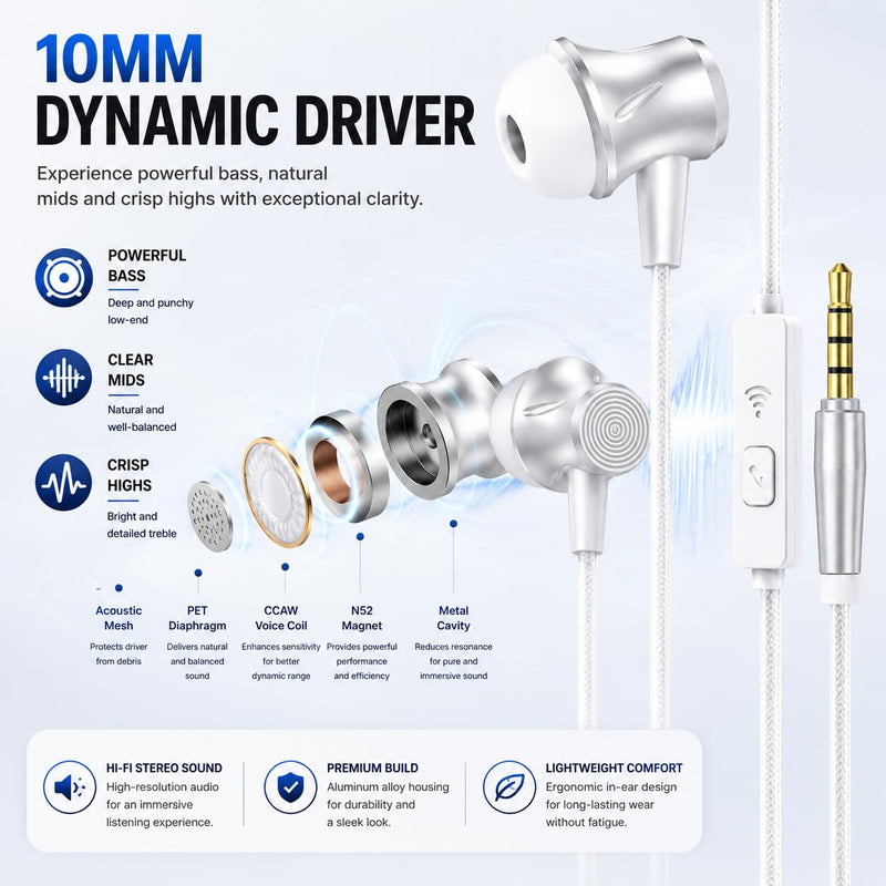 White Wired Earbuds with Microphone, 3.5mm in-Ear Headphones, Stereo Earphones with Volume Control for Laptop, PC, Tablet and Smartphones