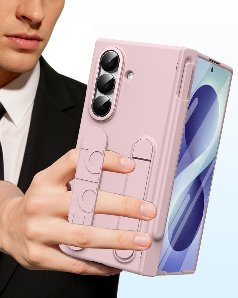 Finger Strap for Samsung Galaxy Z Fold 8 Ultra Case with S Pen Holder & Stylus, [Two Magnetic Hinge Cover] All-Round Screen Protector Kickstand Slim Hand Grip Cover Case for Fold 8 Ultra Pink