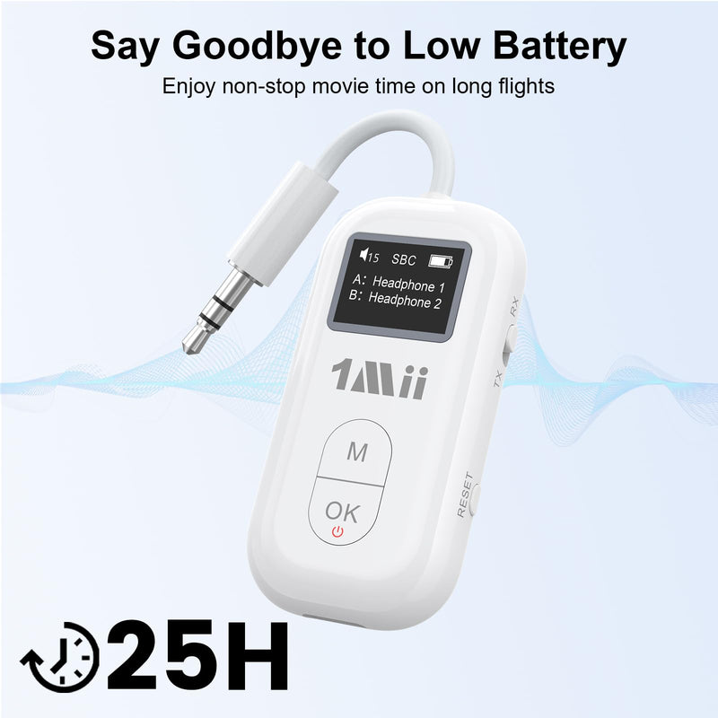 1Mii SafeFly Pro Airplane Bluetooth Adapter for AirPods Wireless Headphones | 3.5mm AUX Bluetooth Transmitter Receiver with Screen, Dual Link for Travel Flight, TV, Gym, Car/Home Stereo, 25H Battery White