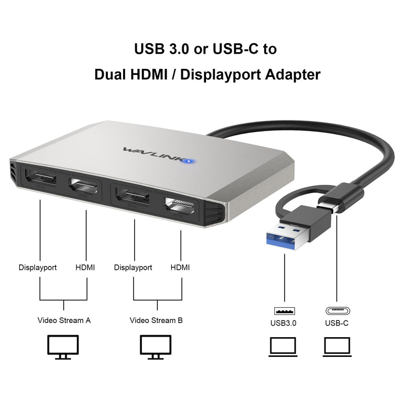 WAVLINK USB C and USB 3.0 to Dual 4K DisplayPort/HDMI Adapter, Displaylink Monitor Splitter Extended Display for Dual Monitor 4K@60Hz, HDMI/DP Splitter Compatible with Mac M1-M4,Window Laptop-Silver Silver
