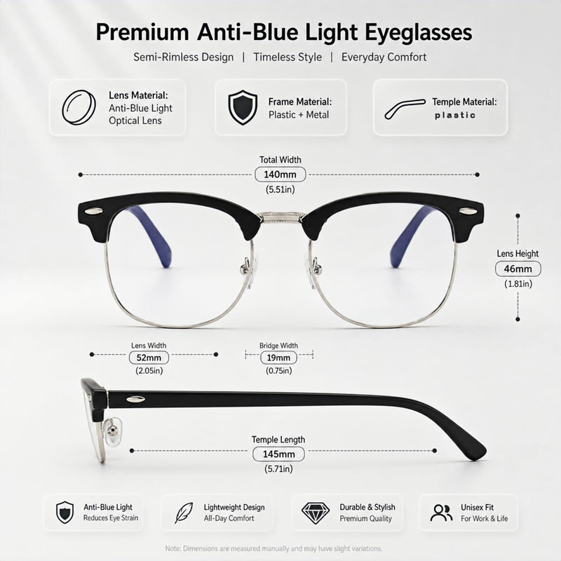 Semi Rimless Blue Light Blocking Glasses, Clear Lens Computer Gaming Glasses, Retro Stylish Eyeglasses Black Siver Frame