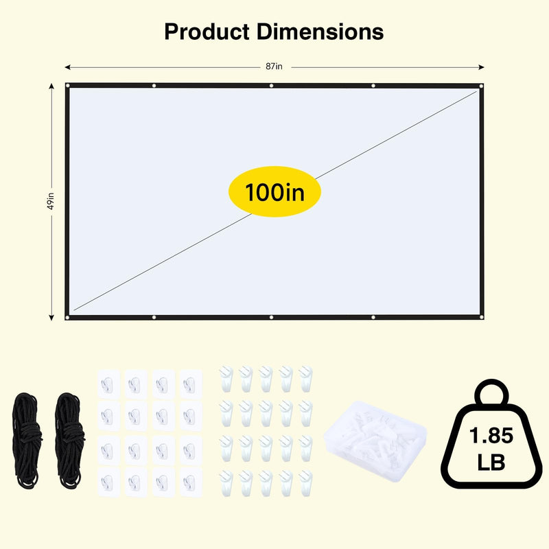 100 inch Projector Screen 16:9 4K HD 160° Portable Projector Screen Indoor Outdoor Movie Screens Washable Foldable Projection Screens for Home Theater,Supports Both Font and Rear Projection