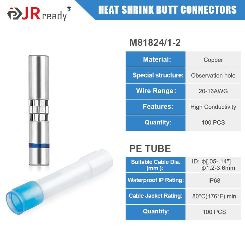 JRready 100Pairs Heat Shrink Tubing Butt Connectors IP68 Waterproof Butt Splice Miniseal Wire Connectors PE Insulation Sleeves Marine Automotive 16# 16-20AWG Tinned Copper(M81824/1-2) ST6388-16-100 16# 100 Pairs