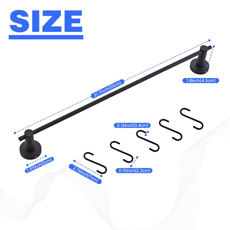 21.6 Inch Towel Bar with 5 S Shaped Hooks, Stainless Steel Towel Holder Black Towel Rack for Bathroom Washroom, Wall Mounted Kitchen Pot Pan Rack Utensil Holder Black With 5 Hooks