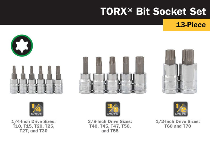 Titan 16122 Star Bit Socket Set - 13 Piece Torx