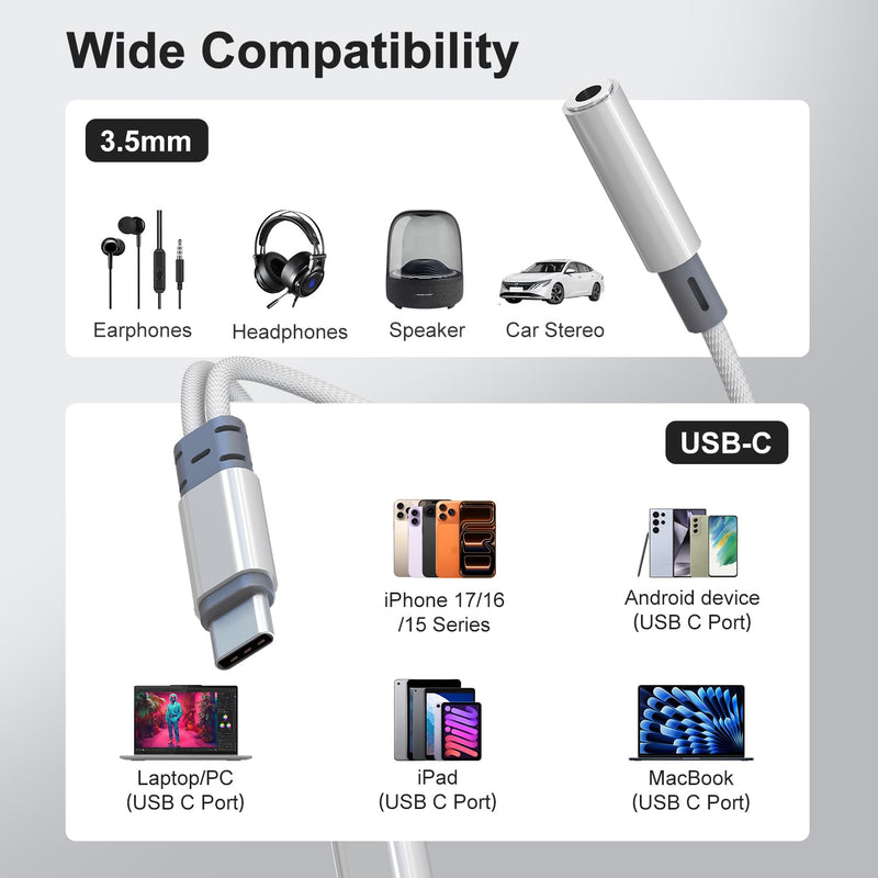 2 in 1 USB C to 3.5mm Audio Adapter with 60W PD Charging for iPhone,Galaxy | Hi-Res 32bit/384kHz DAC Type C to Aux Adapter, USB C to Headphone Jack Dongle Cable for iPhone 17/16,Galaxy S26/S25/S24,Pixel