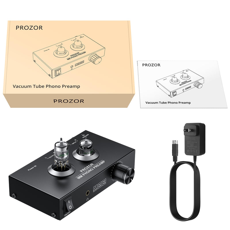 PROZOR Vacuum Tube Phono Preamp, JAN GE5654 Tube, for MM Turntable Phonograph & Record Player, Mini Headphone Amp for Home Audio Systems Stereo Amplifier, with 15V Power Adapter Black - Tube Phono Preamp