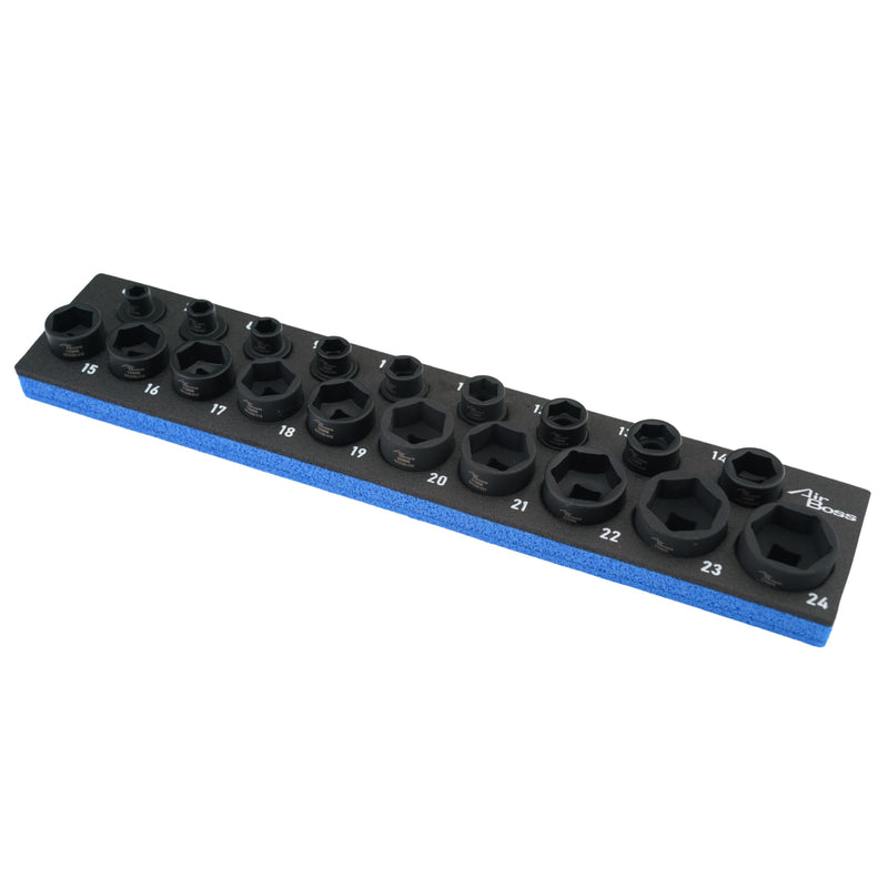 AIRBOSS SK-0015-S 3/8 Inch Drive Nano Stubby Impact Socket Set, 19-Piece Metric 6-24mm, 17mm Outside Hex, 0.88 Inch Low Profile, CR-MO Steel with Black Phosphate Finish