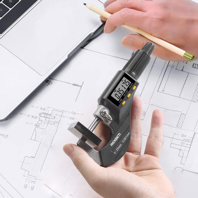 REXBETI Digital Micrometer, Professional Inch/Metric Measuring Tools 0.00005"/0.001 mm Resolution Thickness Gauge, Protective Case with Extra Battery 0-1" Digital Micrometer