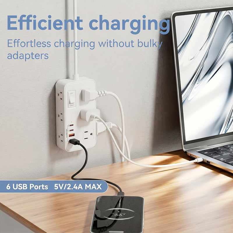 Power Strip with Surge Protector, Outlet Extender,6 AC, 2 USB A,2 USB C Port for 17W Power Strip Charger 5ft Power Cord 1875W 100-250V for Home, Office, Dorm Essential,White