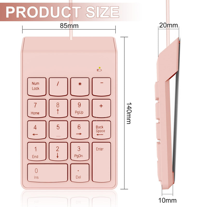 NOOX Wired Number Pad with USB to USB-C Adapter, Pink | Numeric Keypad 18 Keys, Portable Financial Number Keyboard, 10 Key USB Keypad for Laptop, Desktop, Surface Pro, Notebook