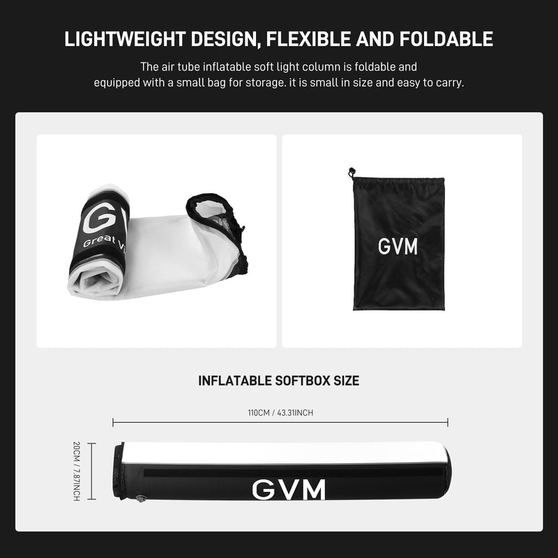 GVM 43.3" Inflatable Softbox, Foldable Air Tube Soft Box with Air Pump, Compatibility for GVM SD300C/500B/650B and Other Bowens Mount Light, Air Softbox for Studio Portraits, Video Recording 43.3in Air Tube