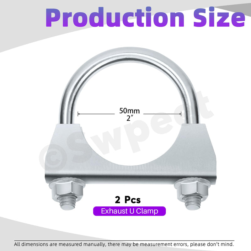 Swpeet 2Pcs Galvanized 2" - 50mm Exhaust U Clamp Kit, Galvanized Muffler U-Bolt Clamps, Universal Heavy Duty U-Bolt Muffler Clamp Ideal for Tip Pipes Connection