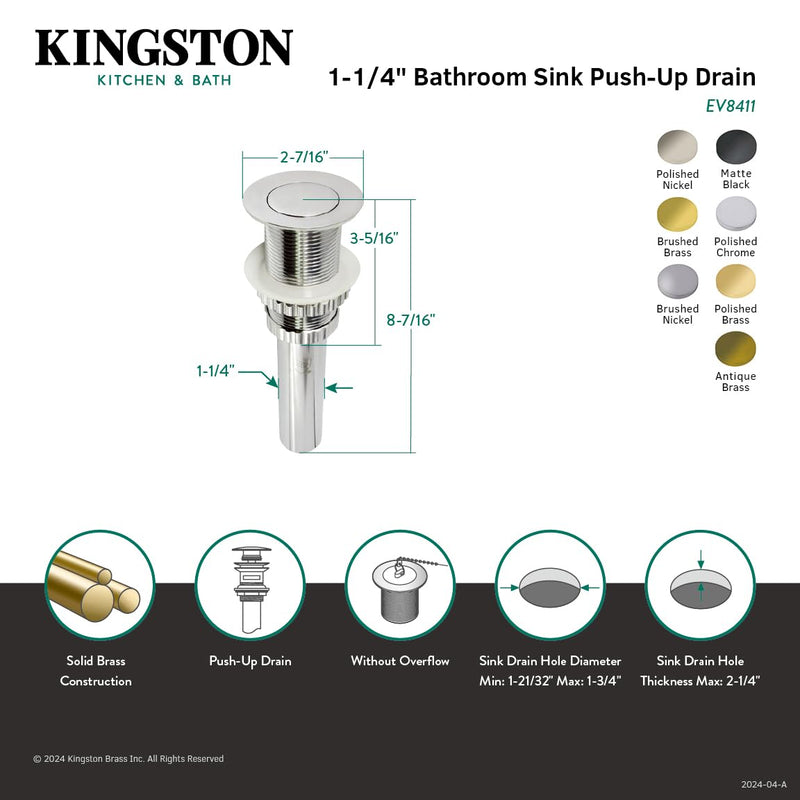 Kingston Brass EV8416 Coronet Push Pop-Up Bathroom Sink Drain Without Overflow, Polished Nickel 8.44 x 2.44 x 2.44