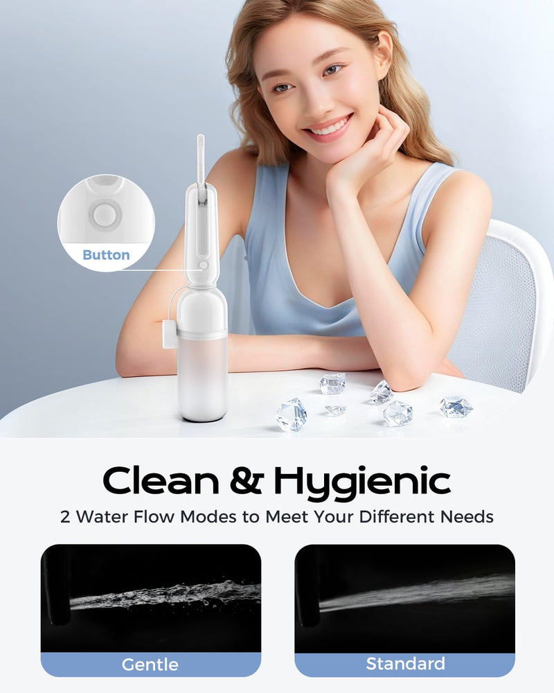 ESSAGER Portable Bidet for Travel, Foldable & Rechargeable Handheld Sprayer–Waterproof with 2 Pressure Modes, 350ml Expandable Bottle for Women, Men, Baby, Postpartum & Personal Hygiene(White) White