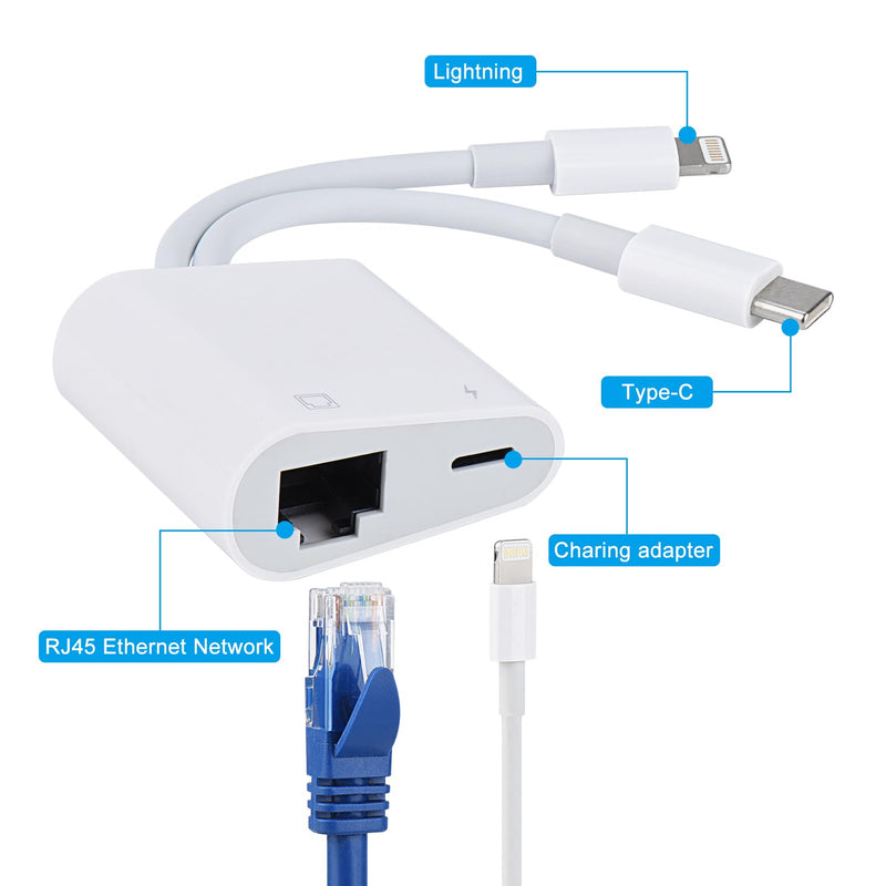 Lightning and USB C to Ethernet Adapter,2 in 1 RJ45 Ethernet LAN Network Adapter with Charge Port Compatible with iPhone/iPad/iPod/Samsung and More,Supports 100Mbps Plug and Play Lightning and USB C to Ethernet Adapte