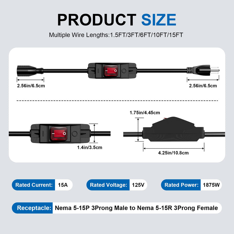 6FT Extension Cord with Switch, Heavy Duty 14AWG Outdoor Waterproof Inline On Off Switch with LED Indicator, 3-Prong Grounded SJTW Power Cord, 15A 125V 1875W for Lights & Equipment 6FT