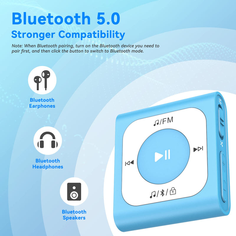 64GB Clip MP3 Player with Bluetooth, AGPTEK Portable Music Player with FM Radio, Shuffle, No Phone Needed, for Sports - A51PL 64GB Blue