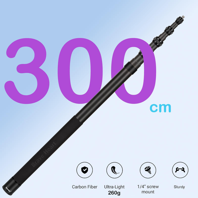 17-118'' Extended Super Long Pole 9.8ft/3m Carbon Fiber Invisible Selfie Stick for Insta360 X5/X4 Insta 360 X3 X2 One X2, One R, One X, GoPro Hero 13/12/11 Action Camera Accessories(Black) Black