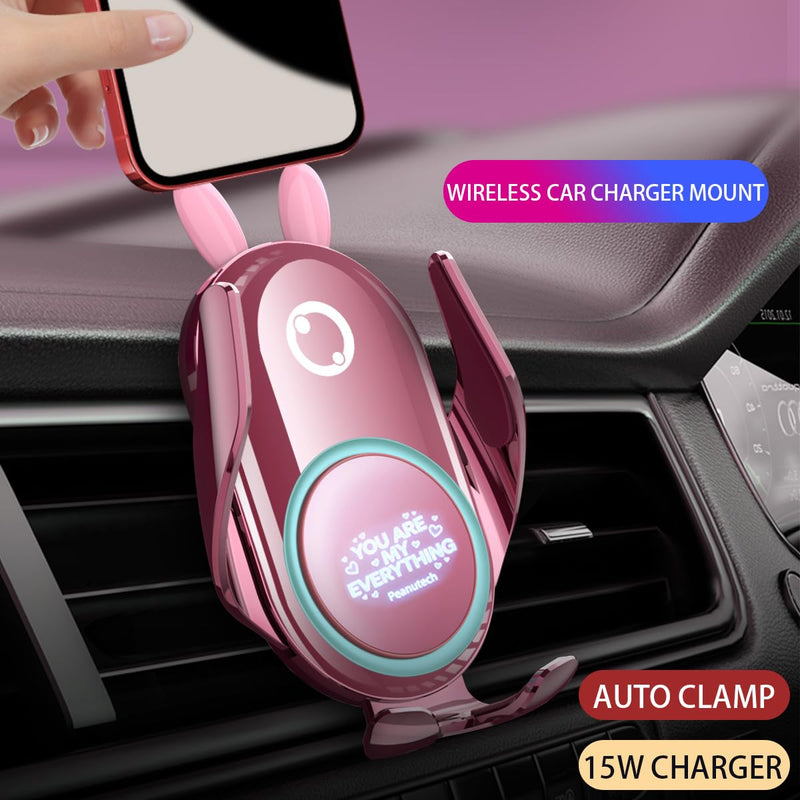 Auto Clamp Wireless Charging Car Mount, Pink Cute Rabbit Car Phone Holder | Automatic Clamp Cell Phone Mount, Hands-Free Fast Charger Cradle for Vehicle Pink Rabbit