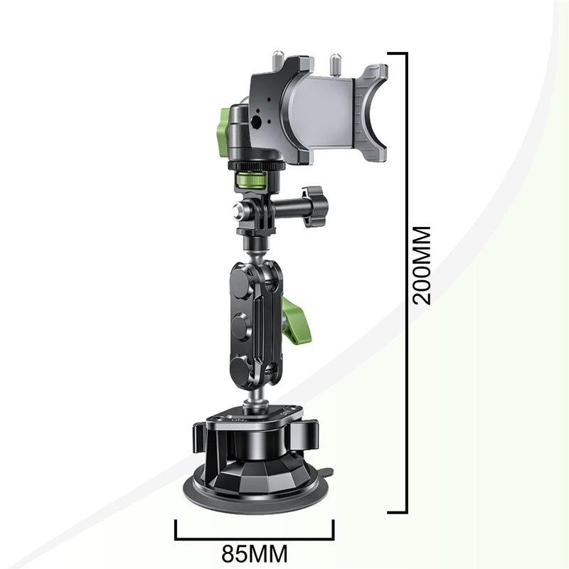 Multi-Purpose Cell Phone and Action Camera Holder for Insta360, Gopro, iPhone with Strong Suction Cup and Aluminum Alloy Double Ball arm.