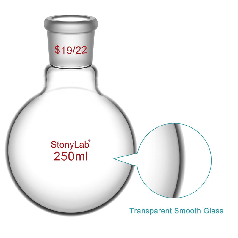 StonyLab Borosilicate Glass 250mL Heavy Wall Single Neck 1 Neck Round Bottom Flask RBF, with 19/22 Standard Taper Outer Joint - 250mL 250 ml