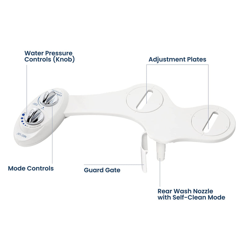 LUXE Bidet NEO 120 - Single Nozzle, Self-Cleaning, Non-Electric Bidet Attachment for Toilet Seat, Adjustable Water Pressure, Rear Wash (White) White