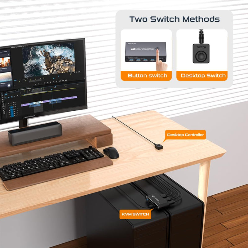 8K DP KVM Switch for 1 Monitor 2 Computers, DisplayPort 2.0 Share USB 3.0 Devices With 4 USB Hub, Support 8K@60Hz, 4K@240Hz/175Hz/144Hz, Extension Control Switch and 2 Cables 8K 60Hz DP KVM
