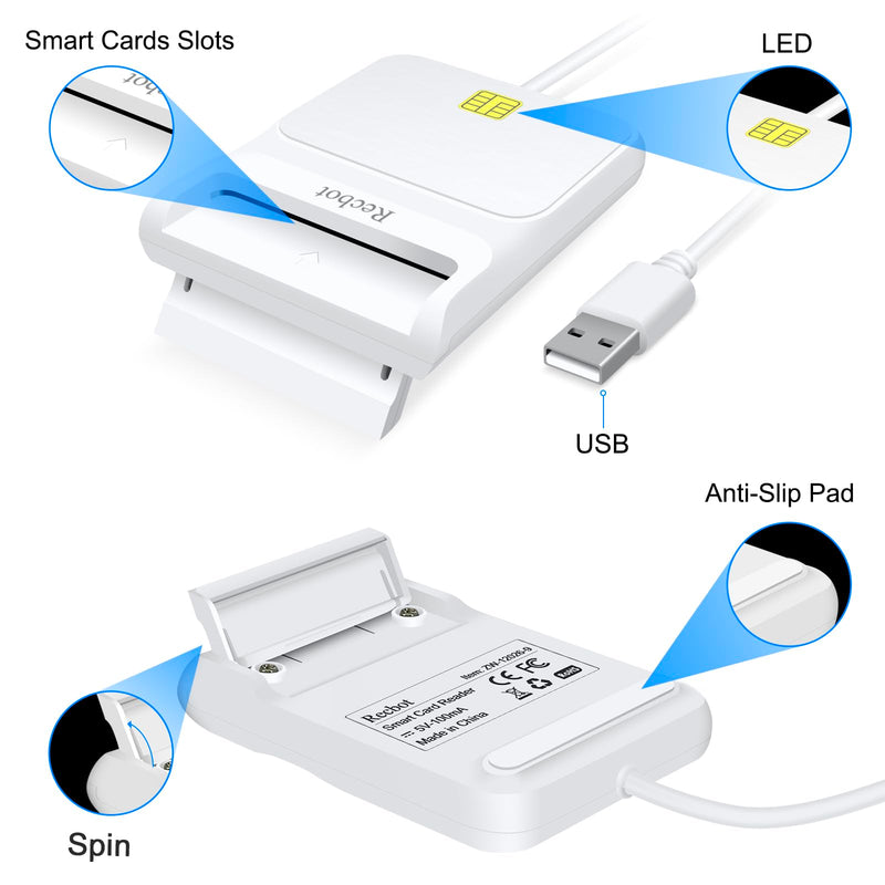 Recbot CAC Card Reader Military, CAC Reader Military, DOD Military USB Common Access CAC Smart Card Reader, Compatible with Windows, Mac OS and Linux (White) white