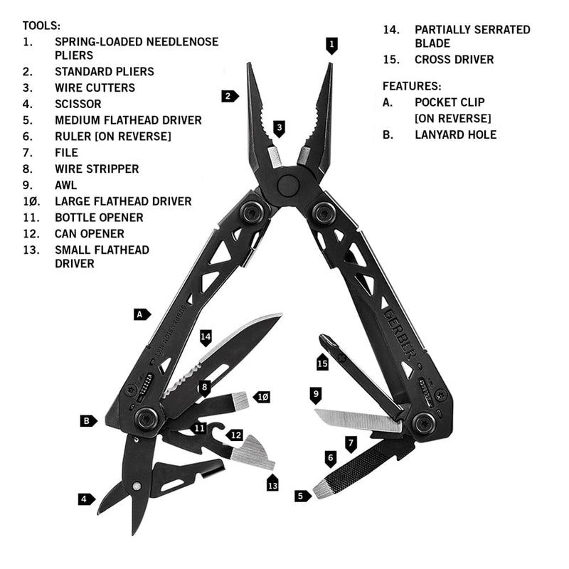 Gerber Gear Suspension-NXT EDC Multitool 15-in-1 Pocket Knife, Needle Nose Pliers and Wire Stripper for Camping and Survival, Black