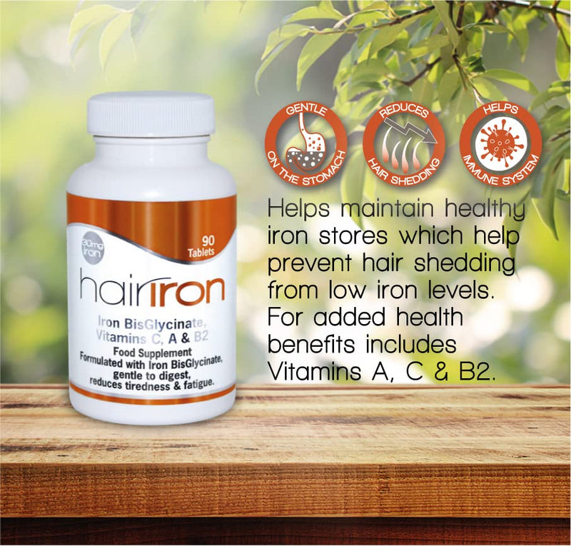 HAIRIRON - High Strength Iron Supplements - Gentle Iron BisGlycinate 30mg with Vitamins C, A & B2 Tablets, Vegan Supplements for Men & Women's Health - 90 Tablets.