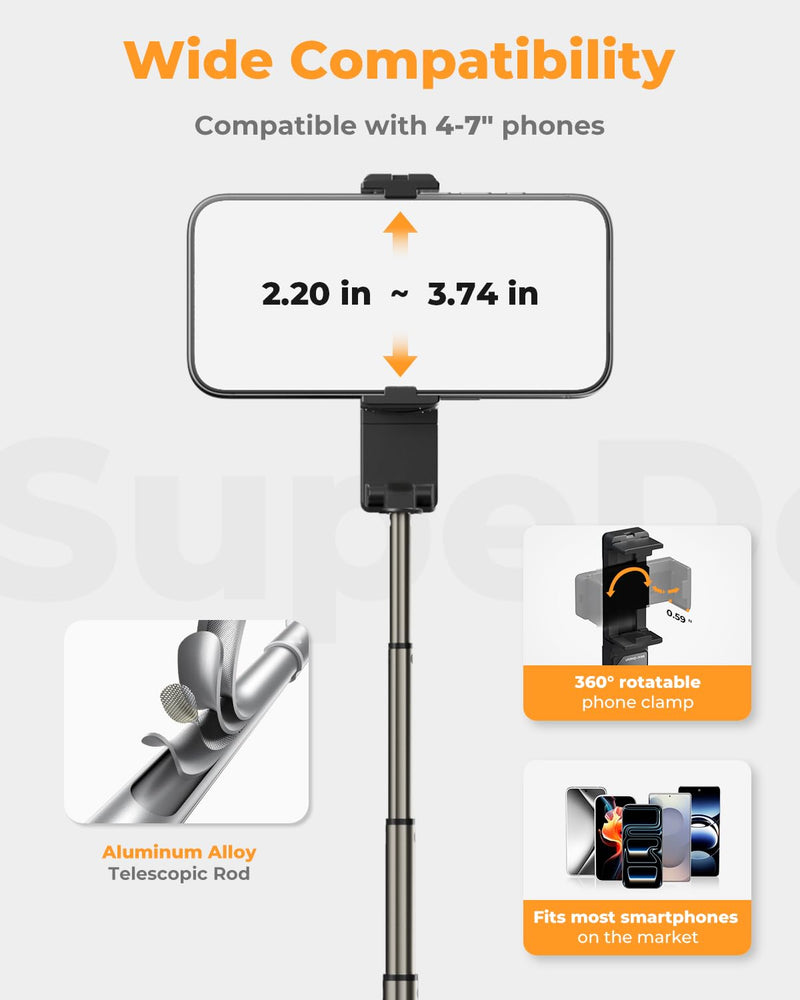 Selfie Stick Phone Tripod with Desk Clamp, Extendable Selfie Stick for iPhone & Android, Pocket-Size Travel Phone Stand with Remote, Aluminum Alloy Stick for Travel, Video Recording & Live Streaming black