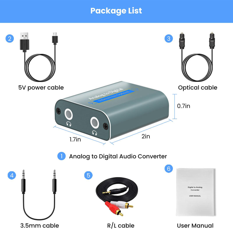 RCA to Optical Audio Converter Dual 3.5mm Jack in Optical Out Audio Adapter | Analog to Optical Audio Converter Aluminum ADC Converter with SPDIF 3.5 Audio Cable and 3.5 to RCA Cable(Only PCM/LPCM)
