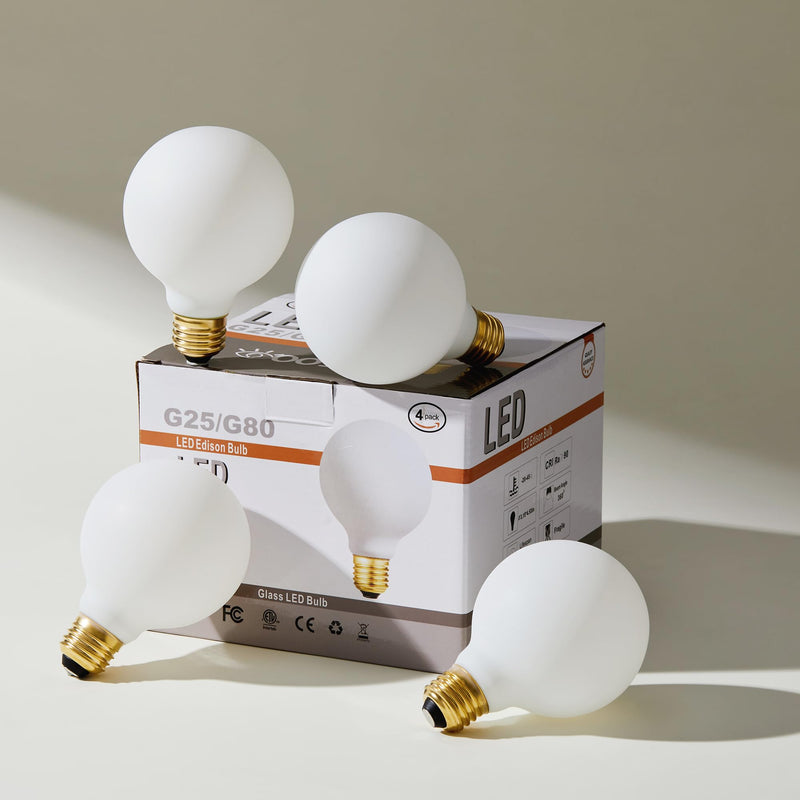 LEOOLS G25 LED Light Bulb E26 Base Matt Opal Porcelain Warm White 2700K Dimmable Edison 8W Led Globe Bulb,850LM,75 Watt Equivalent,Outside Frosted Glass,G80 Vintage LED Edison Globe Light Bulb,4 Pack. 1 8w=75w 2700k Warm White